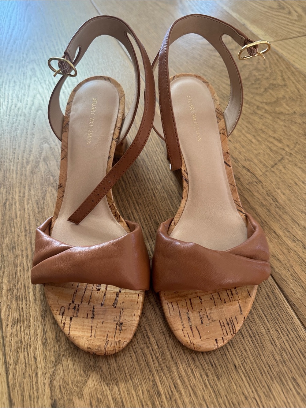 Stuart Weitzman Tan Brown Cork Strap Sandals sz 8.5